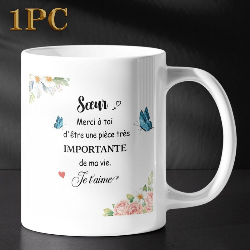 Tailorly White Ceramic 11 oz Mug - Elegant Garden Flowers And Blue Winged Creatures Dancing In Light Butterfly