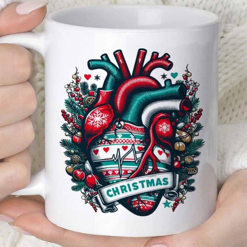 Tailorly White Ceramic 11 oz Mug - Christmas Festive Anatomical Organ Wrapped In Cozy Winter Sweater Patterns And Pine Heart