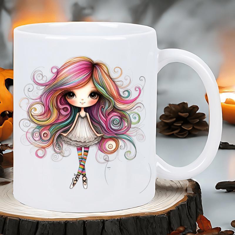 Tailorly White Ceramic 11 oz Mug - Whimsical Cartoon Character With Long Colorful Swirling Rainbow Hair And Big Eyes Girl