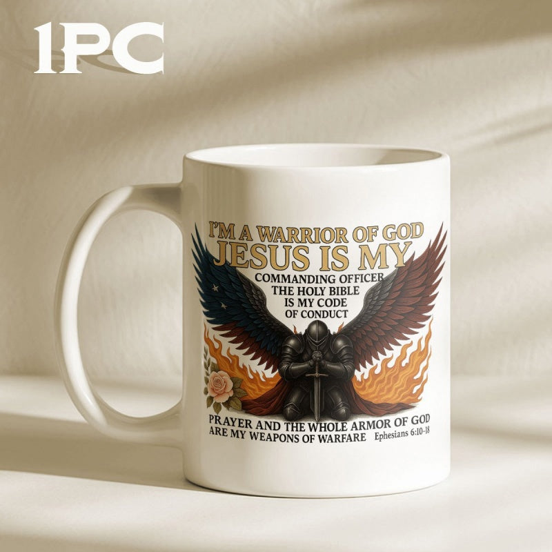 Tailorly White Ceramic 11 oz Mug - Im A Warrior Of God Jesus Is My Commanding Officer Kneeling Knight In Dark Armor With Massive Wings Amidst Fiery Background