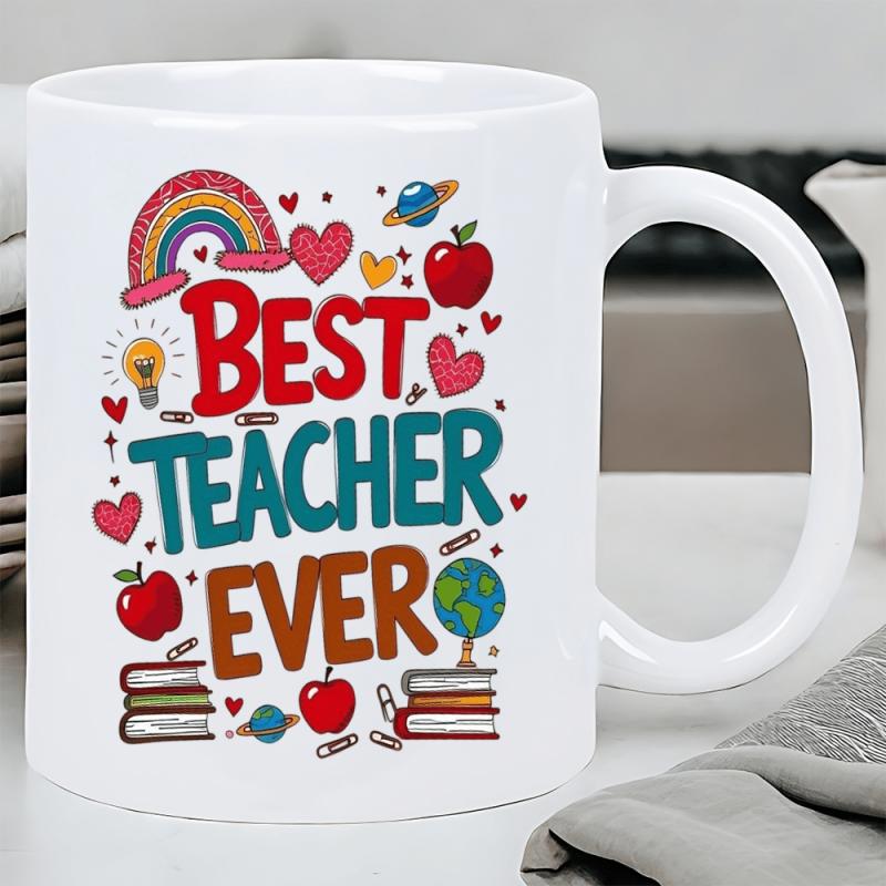 Tailorly White Ceramic 11 oz Mug - Best Teacher Ever Colorful School Elements With Rainbow Hearts And Apples Among Books Mug