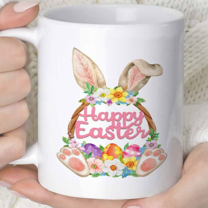 Tailorly White Ceramic 11 oz Mug - Happy Easter Colorful Spring Flowers And Hidden Eggs Behind Tall Rabbit Ears Bunny