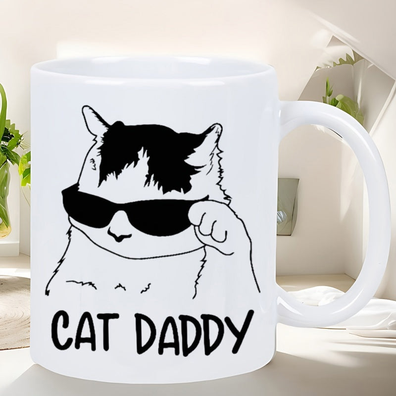 Tailorly White Ceramic 11 oz Mug - Cat Daddy Cool Black Line Art Illustration Of A Feline Wearing Sunglasses Cat