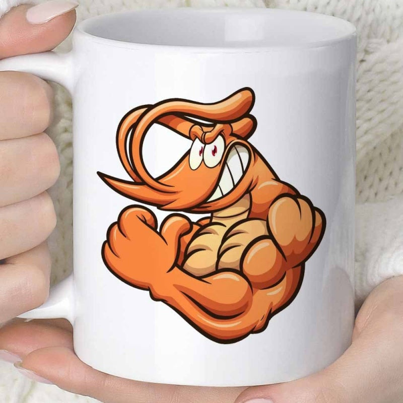 Tailorly White Ceramic 11 oz Mug - Strong Orange Prawn With Big Muscles Flexing Arms And Angry Expression Shrimp