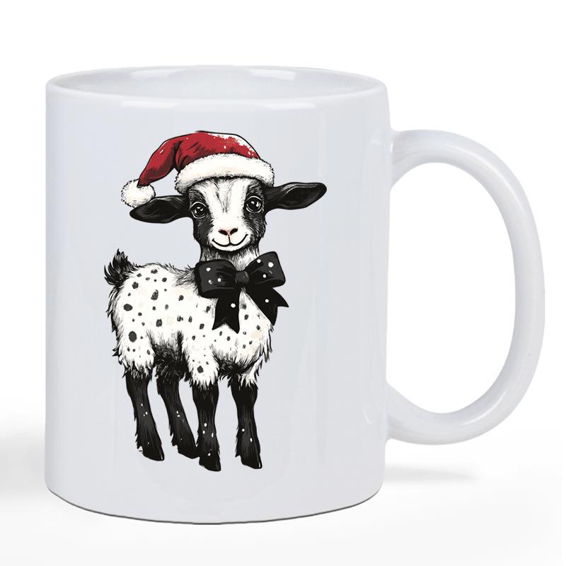 Tailorly White Ceramic 11 oz Mug - Adorable Spotted Baby Wearing Red Festive Santa Hat And Dotted Goat