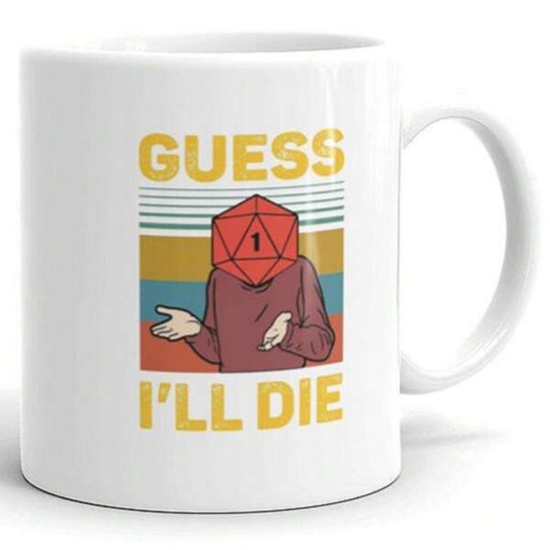 Tailorly White Ceramic 11 oz Mug - Guess Ill Die Retro Striped Backdrop Shrugging Figure With Red Twenty Sided Rolling Dice