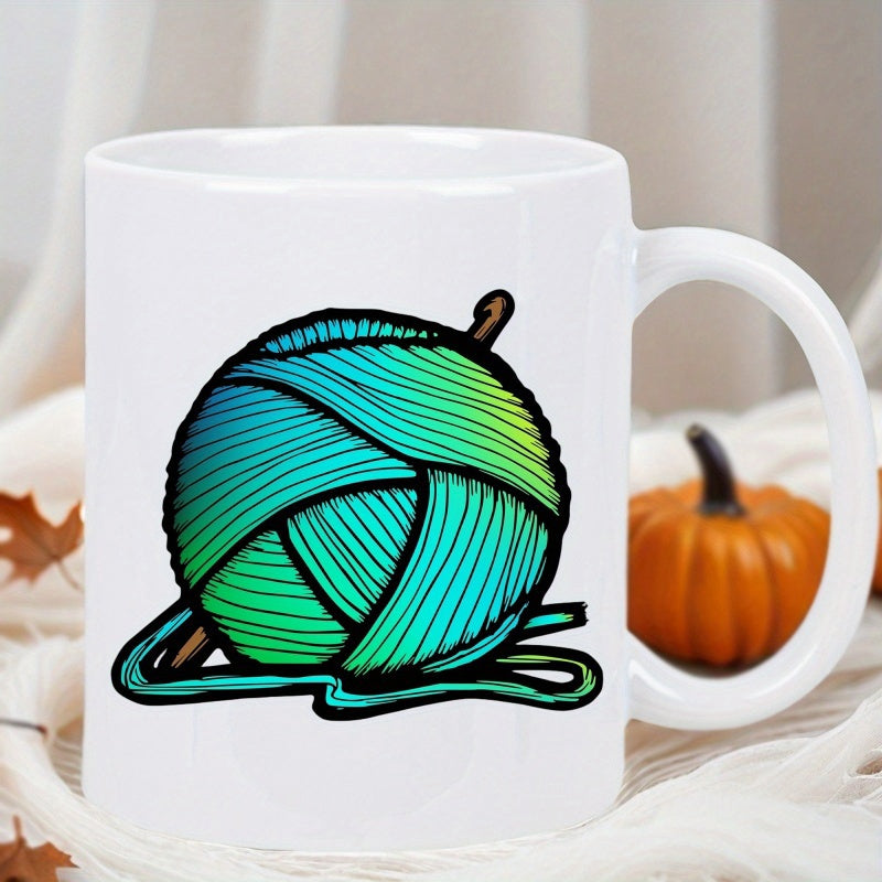 Tailorly White Ceramic 11 oz Mug - Colorful Vibrant Gradient Texture Of Wool With Small Wooden Hook Yarn