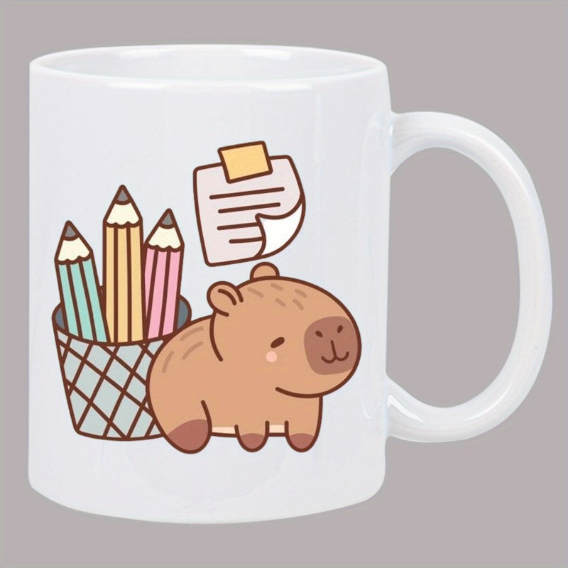 Tailorly White Ceramic 11 oz Mug - Cute Cartoon Animal Sitting Beside Colorful Pencils And Small Note Capybara