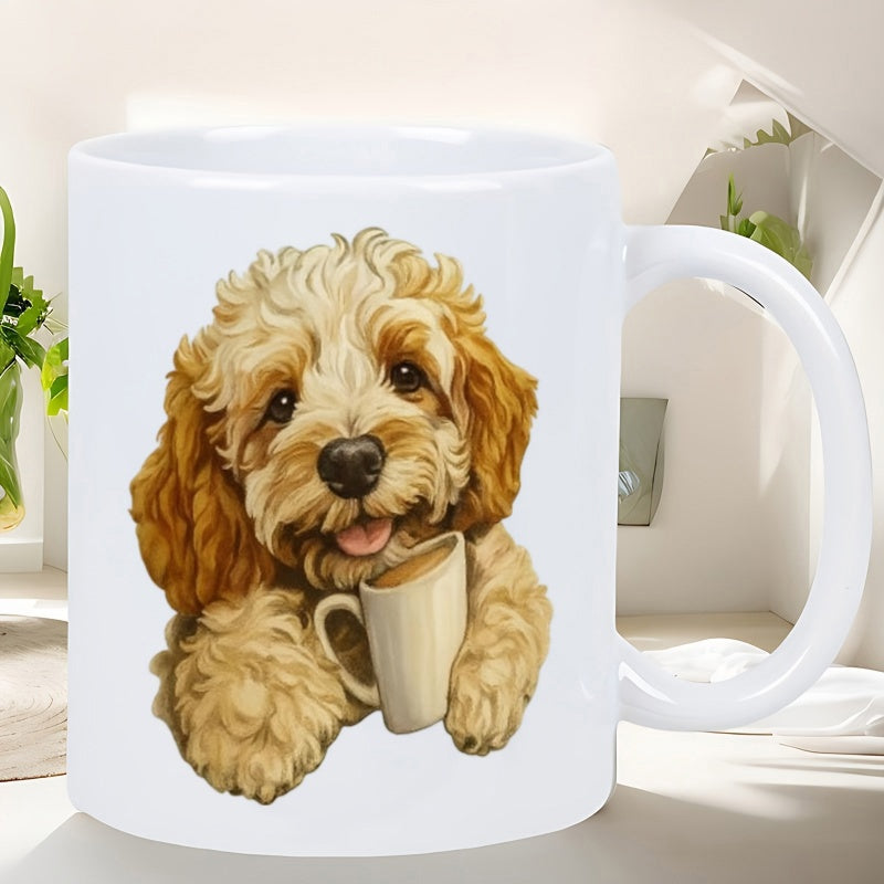 Tailorly White Ceramic 11 oz Mug - Fluffy Brown Curly Haired Dog Peeking Over A Small Warm Coffee Puppy