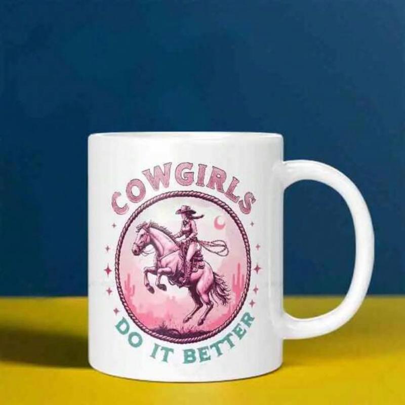 Tailorly White Ceramic 11 oz Mug - Cowgirls Do It Better Vintage Pink Circle Scene Featuring A Brave Rider On A Horse