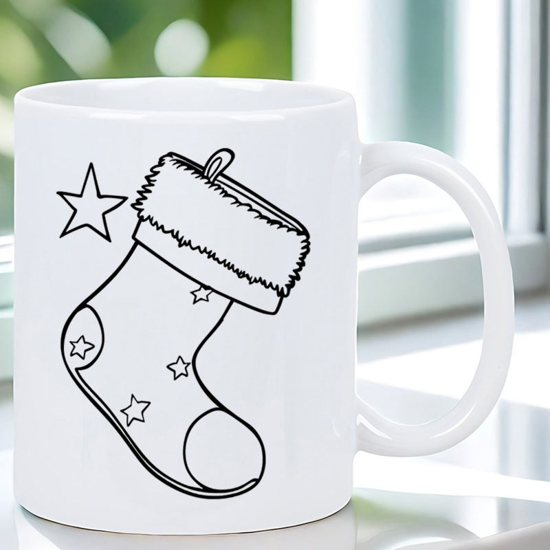 Tailorly White Ceramic 11 oz Mug - Simple Black Line Art Featuring Stars On A Festive Holiday Hanging Stocking