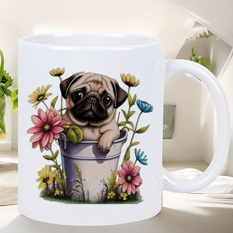 Tailorly White Ceramic 11 oz Mug - Charming Pug Puppy Resting In Garden Pail Surrounded By Vibrant Spring Flowers Pug
