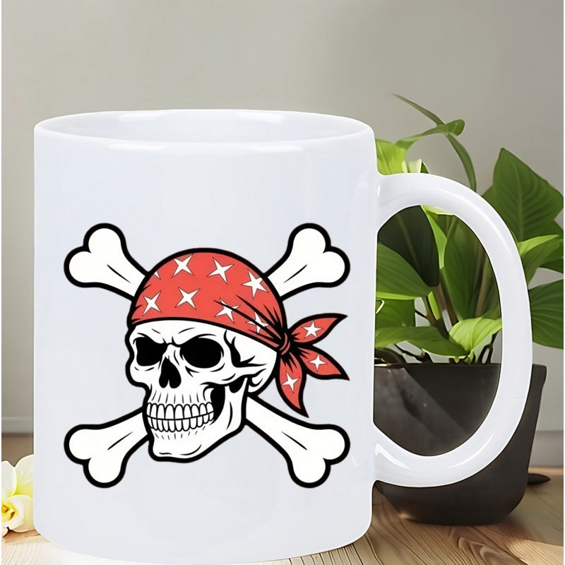 Tailorly White Ceramic 11 oz Mug - Classic Pirate Design With Red Star Patterned Bandana And Crossed Bones Skull