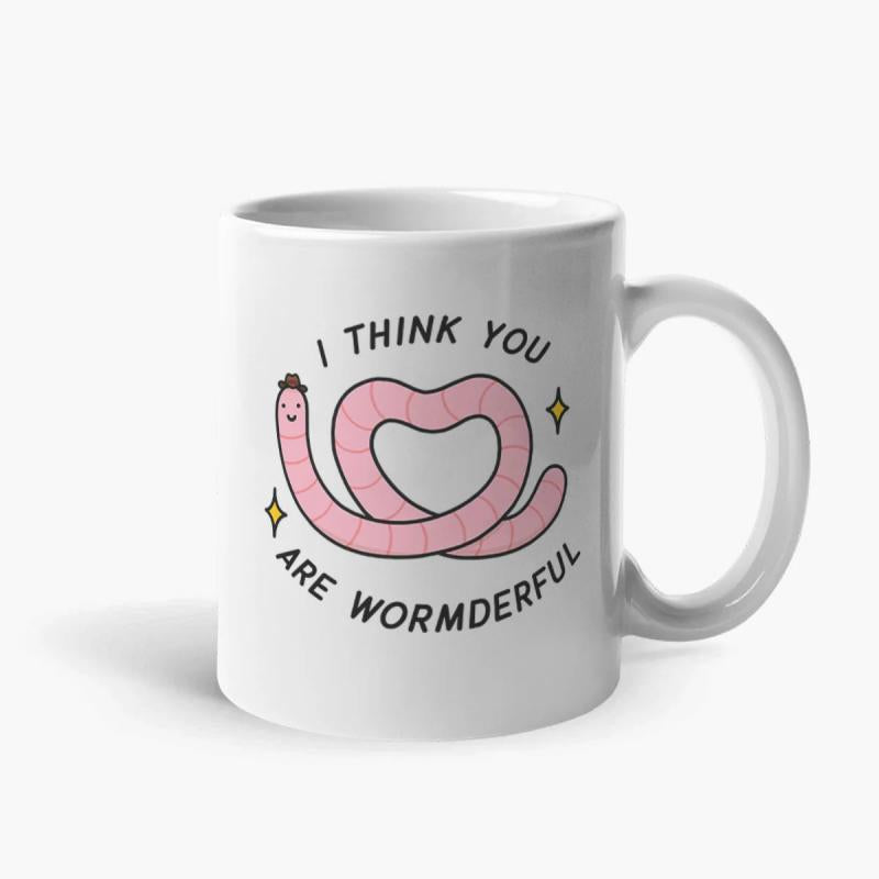 Tailorly White Ceramic 11 oz Mug - I Think You Are Wormderful Cute Pink Cartoon Creature Coiled Into Heart Shape With Sparkles Worm