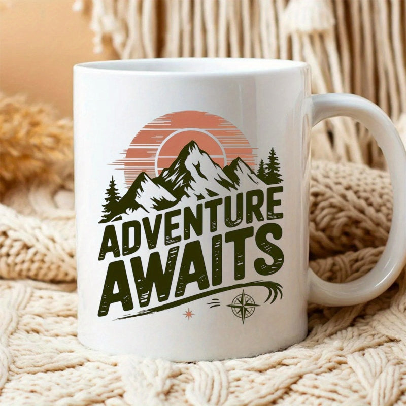 Tailorly White Ceramic 11 oz Mug - Adventure Awaits Majestic Peaks Rising Before A Vintage Sunset And Evergreen Trees Mountain