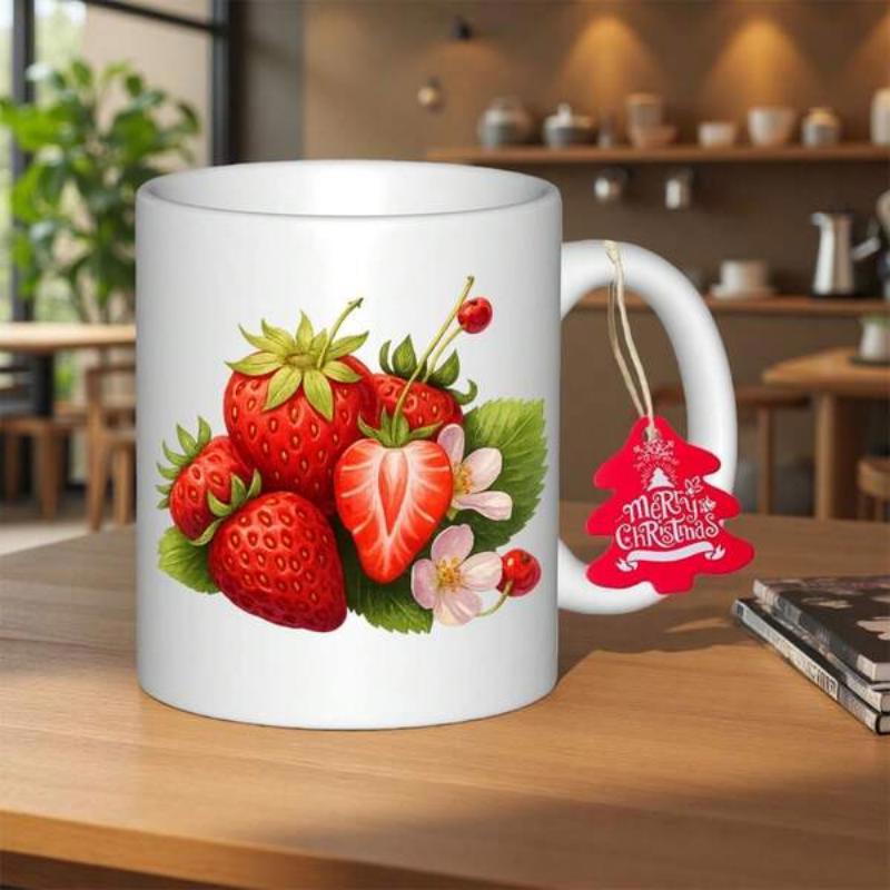 Tailorly White Ceramic 11 oz Mug - Merry Christmas Vibrant Red Ripe Garden Fruit With Green Leaves And Blossoms Strawberry