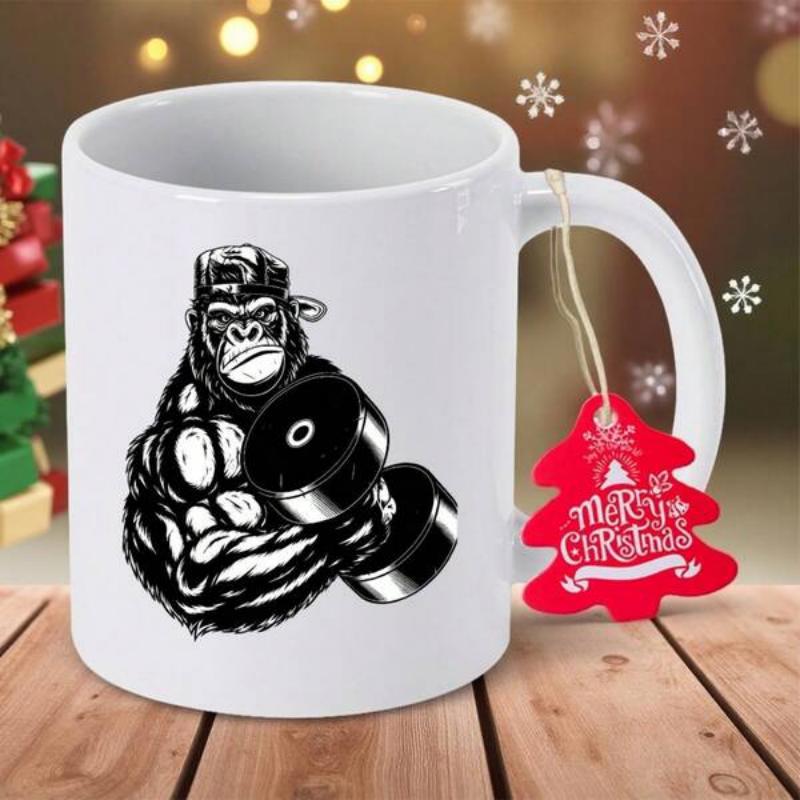Tailorly White Ceramic 11 oz Mug - Merry Christmas Strong Athletic Muscle Primate Wearing Cap Lifting Heavy Dumbbell Fitness Gorilla