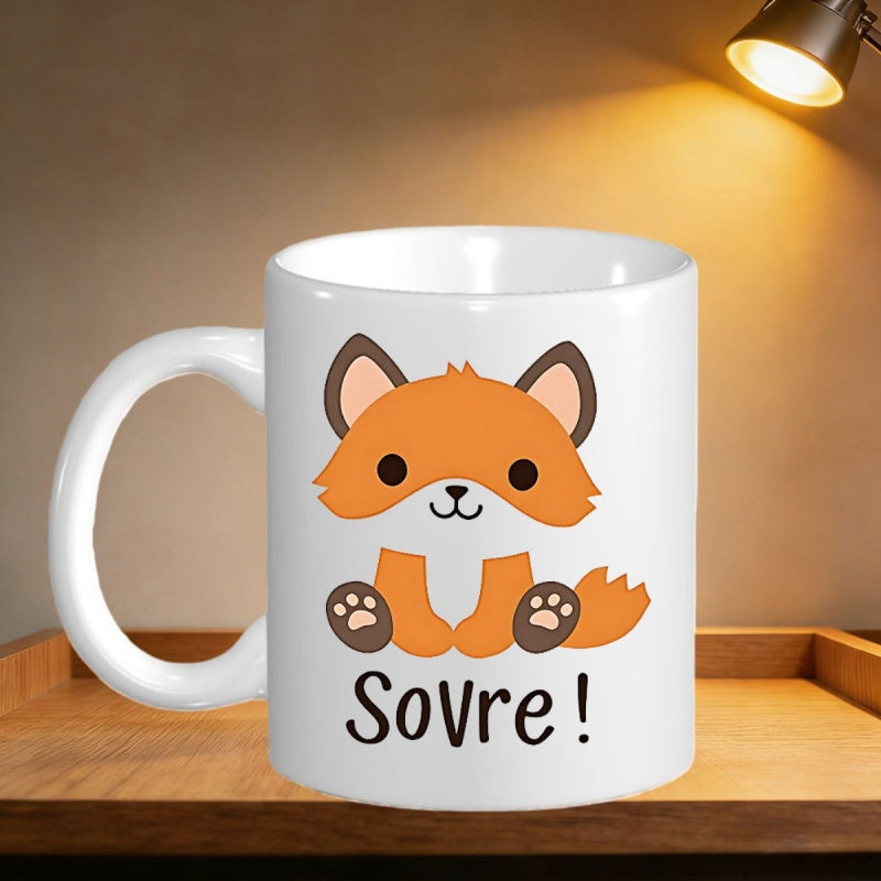 Tailorly White Ceramic 11 oz Mug - Adorable Orange Cartoon Animal Sitting Peacefully With Tiny Brown Paws Fox