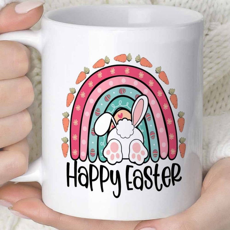 Tailorly White Ceramic 11 oz Mug - Happy Easter Colorful Boho Rainbow With Carrot Borders And Cute Fluffy Bunny Tail Bunny