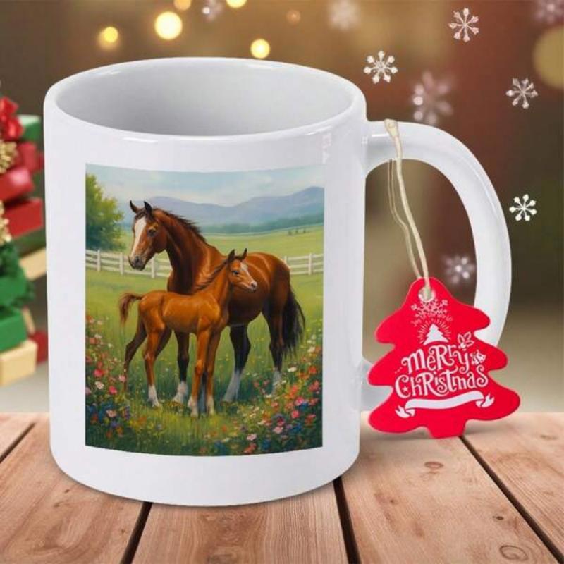 Tailorly White Ceramic 11 oz Mug - Merry Christmas Beautiful Mare And Foal Standing In A Lush Green Meadow Pasture Horse
