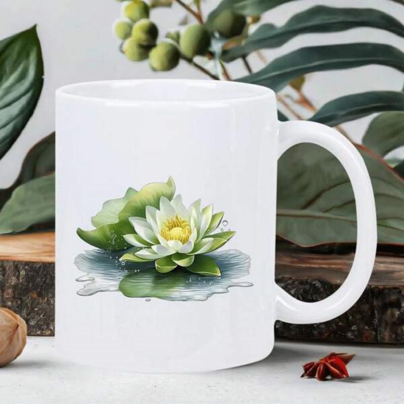 Tailorly White Ceramic 11 oz Mug - Elegant White Water Lily Floating On Green Leaves Above Gentle Ripples Lotus