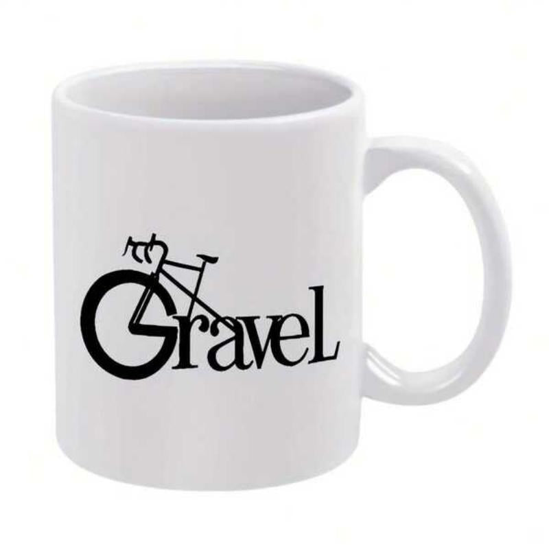 Tailorly White Ceramic 11 oz Mug - Gravel Minimalist Black Silhouette Of A Road Bike Integrated Into The Lettering Bicycle