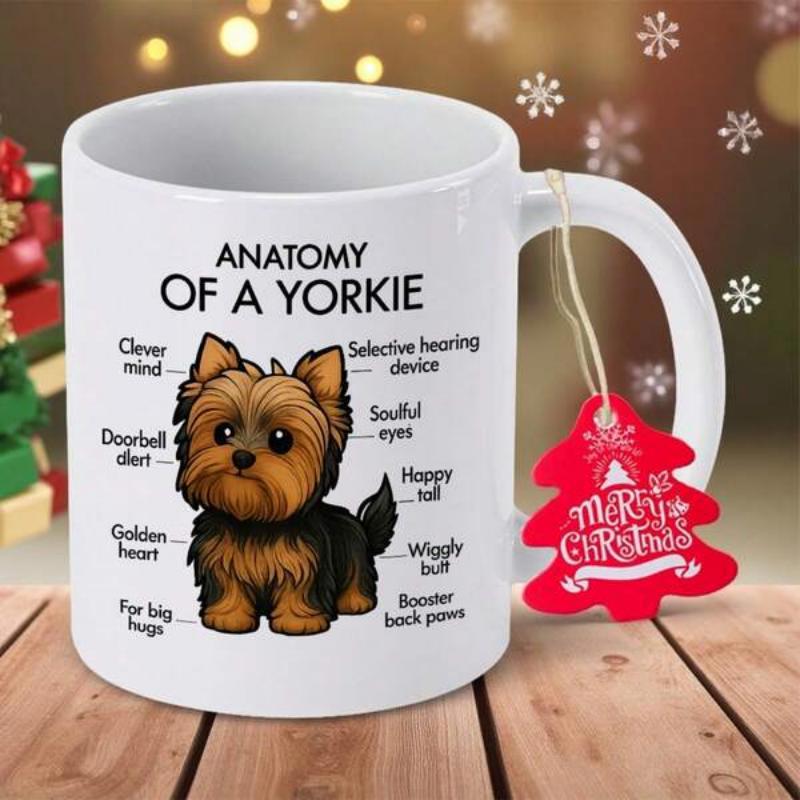 Tailorly White Ceramic 11 oz Mug - Anatomy Of A Yorkie Small Furry Brown Dog Standing Amid Detailed Text Description Labels Yorkie