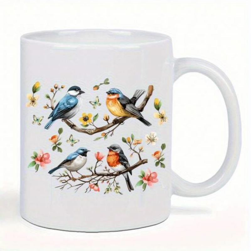 Tailorly White Ceramic 11 oz Mug - Four Colorful Songbirds Perched On Delicate Spring Branches With Blooming Flowers Birds