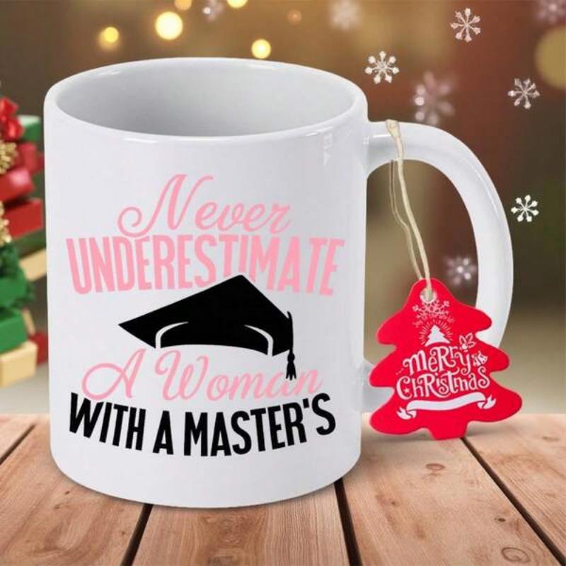 Tailorly White Ceramic 11 oz Mug - Never Underestimate A Woman With A Master's Minimalist Black Mortarboard Symbol With Decorative Typography Layout Cap