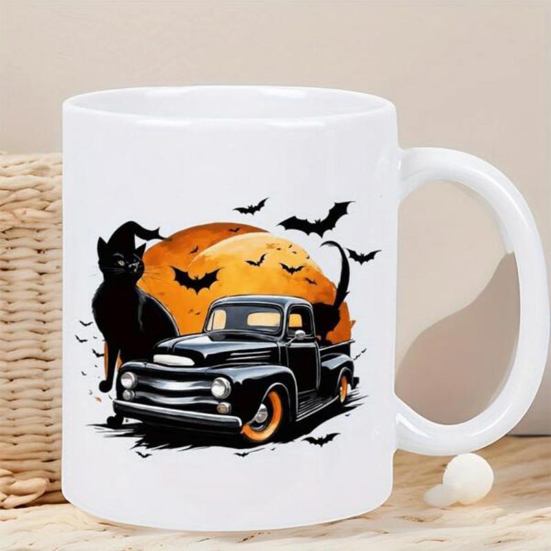 Tailorly White Ceramic 11 oz Mug - Vintage Black Pickup Under Harvest Moon With Spooky Black Cat And Bats Truck