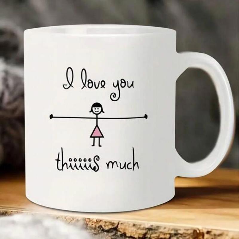 Tailorly White Ceramic 11 oz Mug - I Love You Thiiiiis Much Hand Drawn Cartoon Stick Girl Wearing Pink Triangular Dress Stretching Long Arms Character