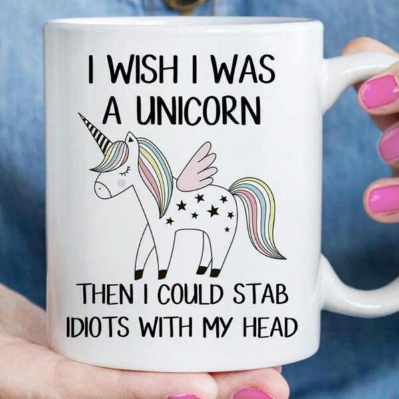 Tailorly White Ceramic 11 oz Mug - I Wish I Was A Unicorn Then I Could Stab Idiots With My Head Whimsical Cartoon With Rainbow Hair And Star Patterns Flying