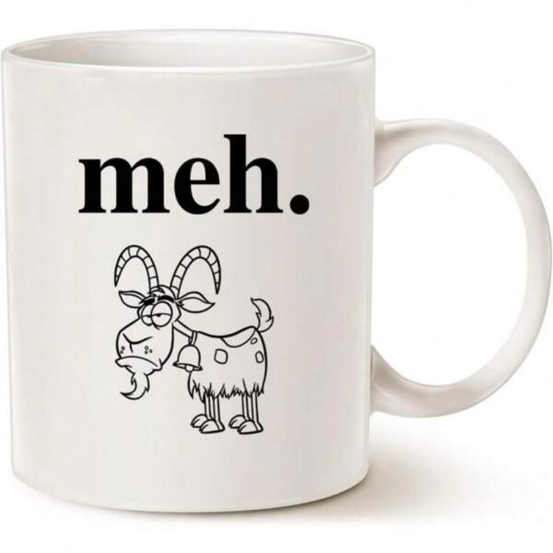 Tailorly White Ceramic 11 oz Mug - Meh Funny Hand Drawn Minimalist Illustration Wearing A Bell With Spotted Fur Goat