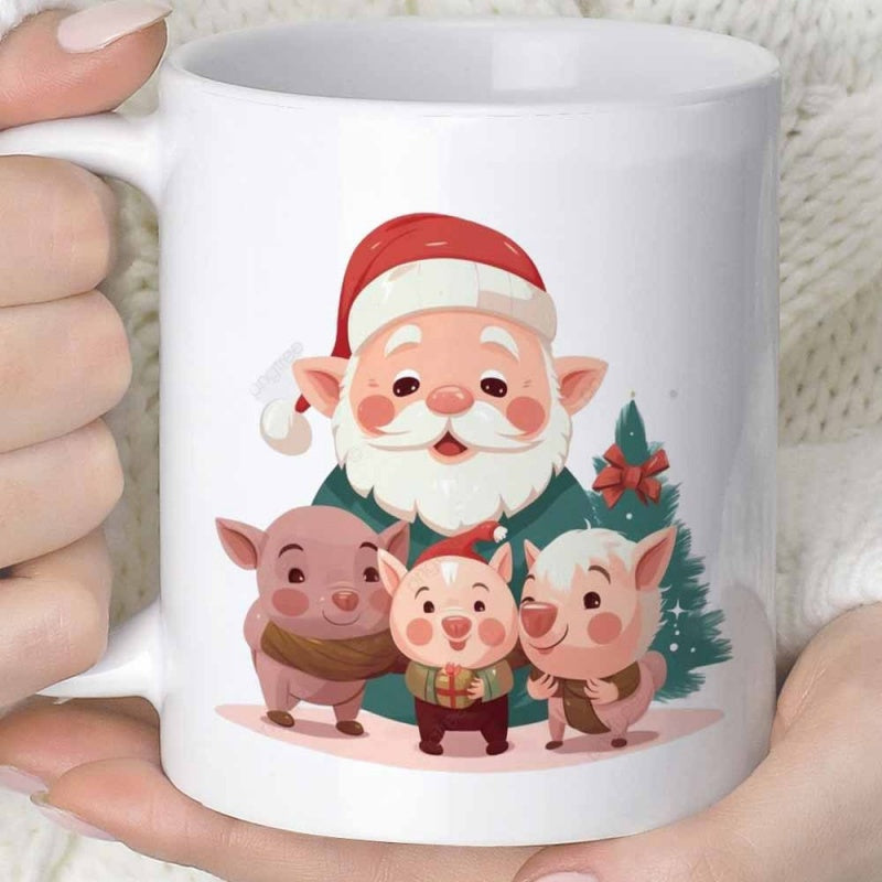 Tailorly White Ceramic 11 oz Mug - Jolly Santa Claus Standing With Three Small Pigs Beside A Christmas Tree Illustration