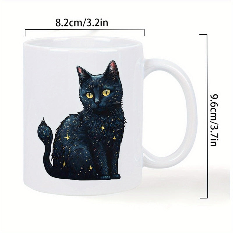 Tailorly White Ceramic 11 oz Mug - Mystic Black Cat With Golden Twinkling Stars On Dark Fur Cat