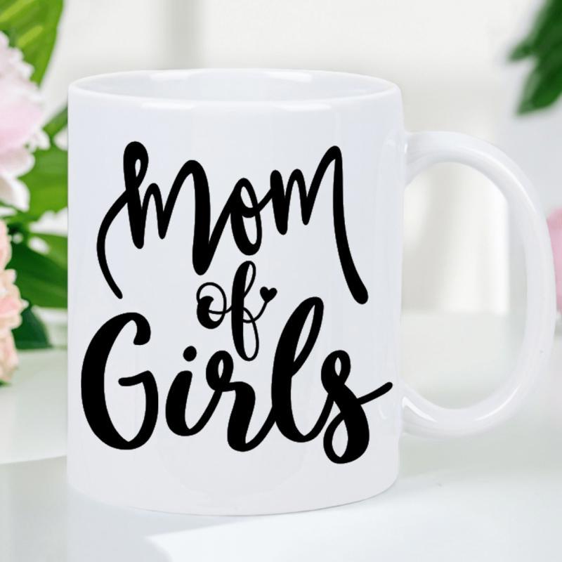 Tailorly White Ceramic 11 oz Mug - Mom Of Girls Elegant Hand Written Calligraphy With Small Heart Decorative Accent Mug