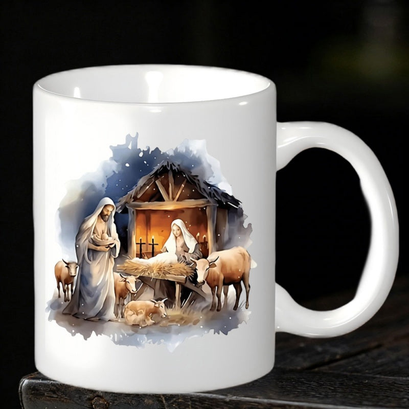 Tailorly White Ceramic 11 oz Mug - Peaceful Holy Night Under Humble Stable With Animals And Sacred Nativity
