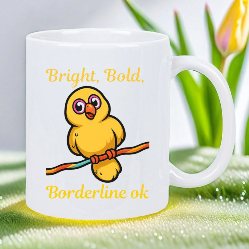 Tailorly White Ceramic 11 oz Mug - Bright Bold Borderline Ok Adorable Yellow Cartoon Bird Perched On A Small Colorful Branch Bird