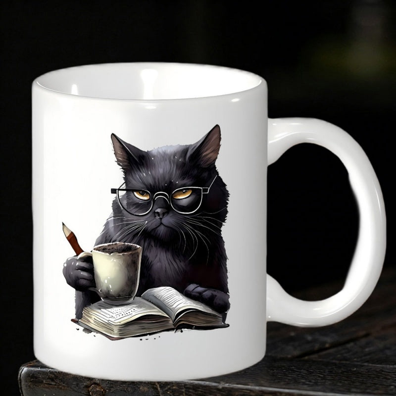 Tailorly White Ceramic 11 oz Mug - Grumpy Academic Black Cat Wearing Glasses Reading An Open Book Cat
