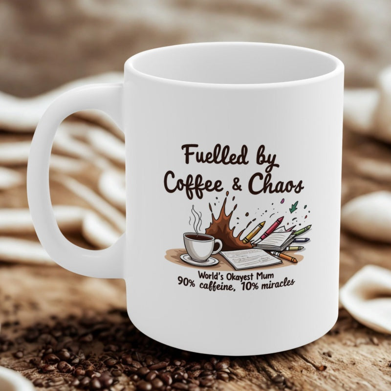 Tailorly White Ceramic 11 oz Mug - Fuelled By Coffee And Chaos Worlds Okayest Mom Ninety Percent Caffeine Ten Percent Miracles Hand Drawn Coffee Splash With