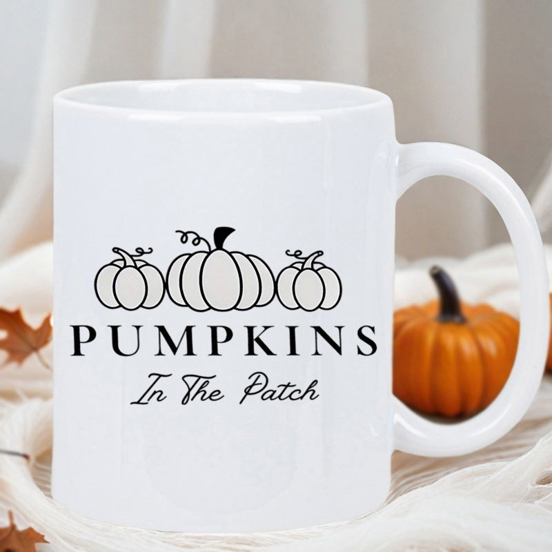 Tailorly White Ceramic 11 oz Mug - Pumpkins In The Patch Minimalist Black Line Art Autumnal Harvest Vegetables With Elegant Swirling Vines Pumpkin