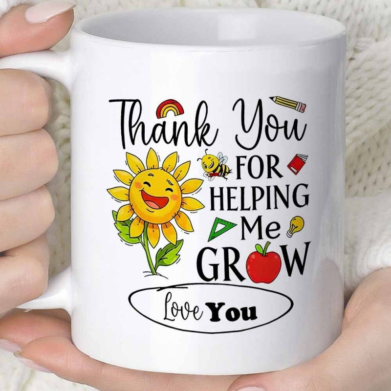 Tailorly White Ceramic 11 oz Mug - Thank You For Helping Me Grow Love You Vibrant Smiling Petals Surrounded By Classroom Icons Under Tiny Rainbow Sunflower
