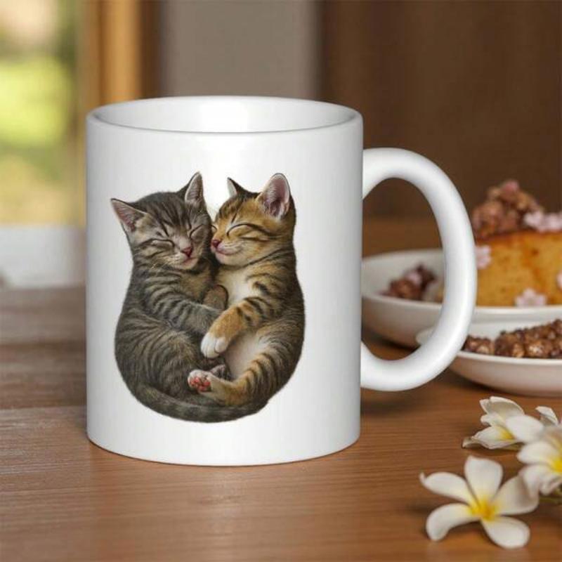 Tailorly White Ceramic 11 oz Mug - Two Adorable Tiny Tabby Pets Sleeping Peacefully Together In Loving Embrace Kittens