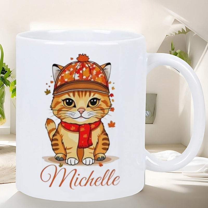 Tailorly White Ceramic 11 oz Mug - Michelle Adorable Orange Tabby Kitten Wearing Warm Autumn Hat And Scarf Cat