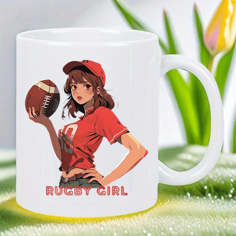 Tailorly White Ceramic 11 oz Mug - Rugby Girl Athletic Anime Character Wearing Red Cap Holding Textured Brown Ball Girl