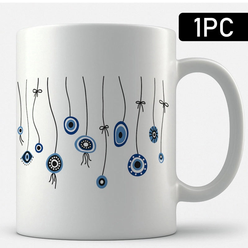 Tailorly White Ceramic 11 oz Mug - Hand Drawn Blue Nazar Charms Hanging From Strings With Dainty Bows Nazar