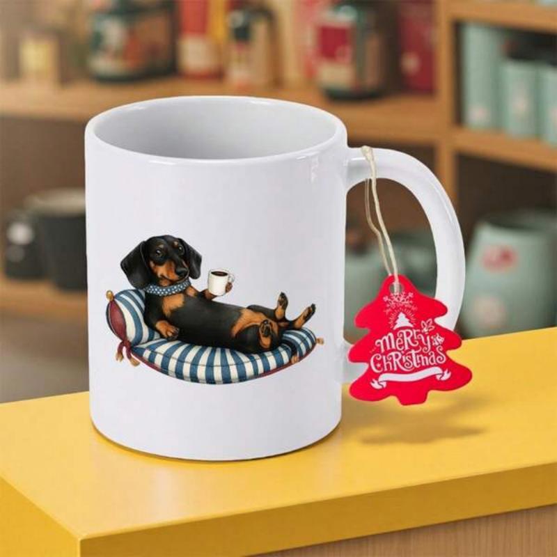 Tailorly White Ceramic 11 oz Mug - Merry Christmas Cute Black And Tan Dog Resting On A Striped Cushion Dachshund