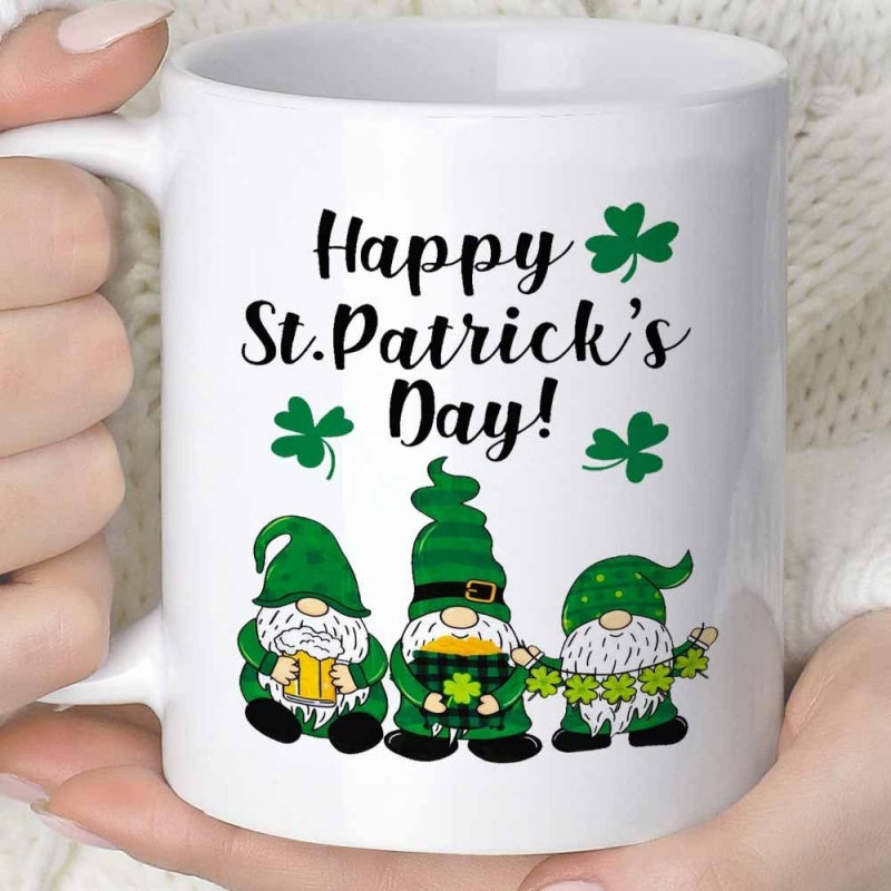 Tailorly White Ceramic 11 oz Mug - Happy St Patricks Day Cute Green Gnomes Holding Beer And Clovers Among Flying Shamrocks Gnome