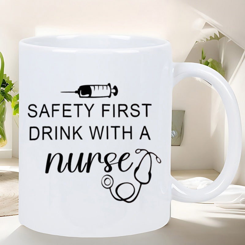 Tailorly White Ceramic 11 oz Mug - Safety First Drink With A Nurse Black Minimalist Medical Icons Featuring Syringe And Elegant Line Art Stethoscope