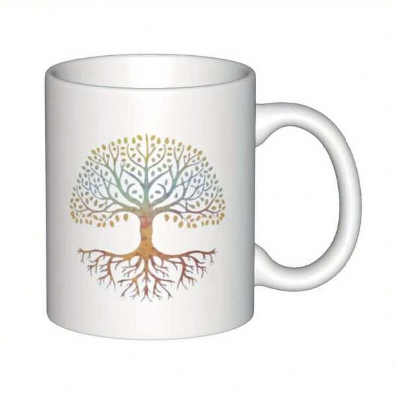 Tailorly White Ceramic 11 oz Mug - Intricate Roots And Branches Forming A Symmetrical Circle With Color Gradient Tree